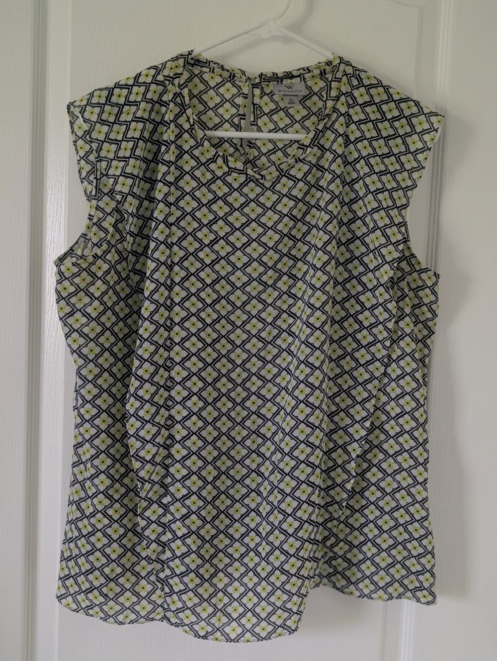 Worthington Women's Knit Top Sleeveless Blouse Geometric Print White/Black XL